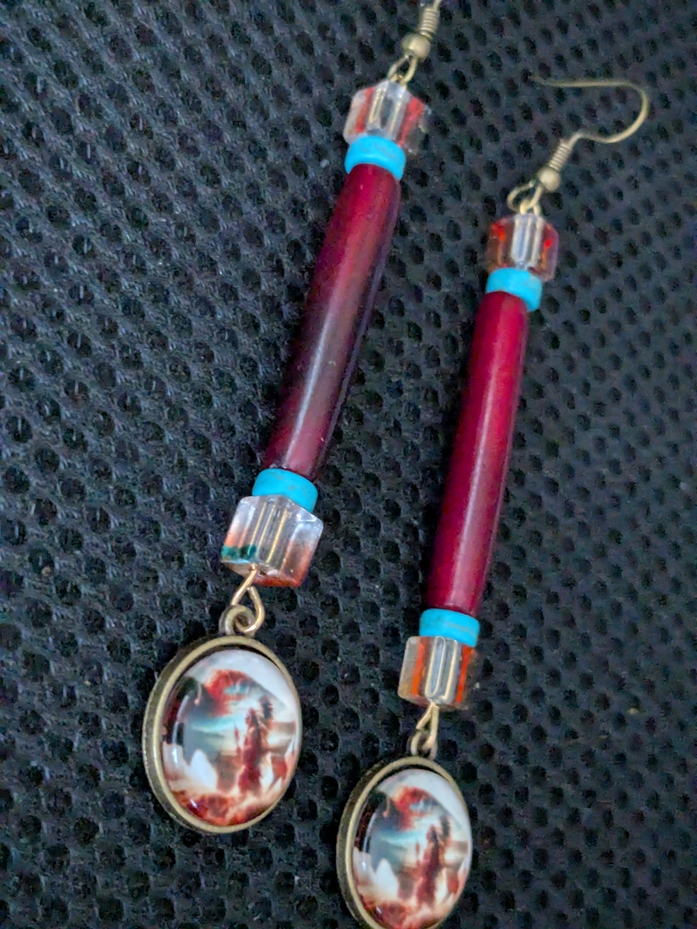 Indigenous Red Buffalo Bone Hairpipe Turquoise Drop Earrings Bison Chief Pendant - Picture 9 of 9